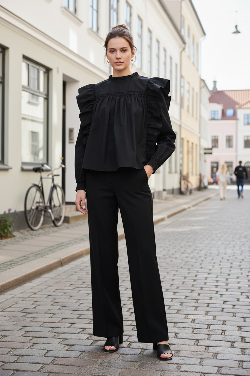 Cotton Crisp blouse met ruches op straat.
