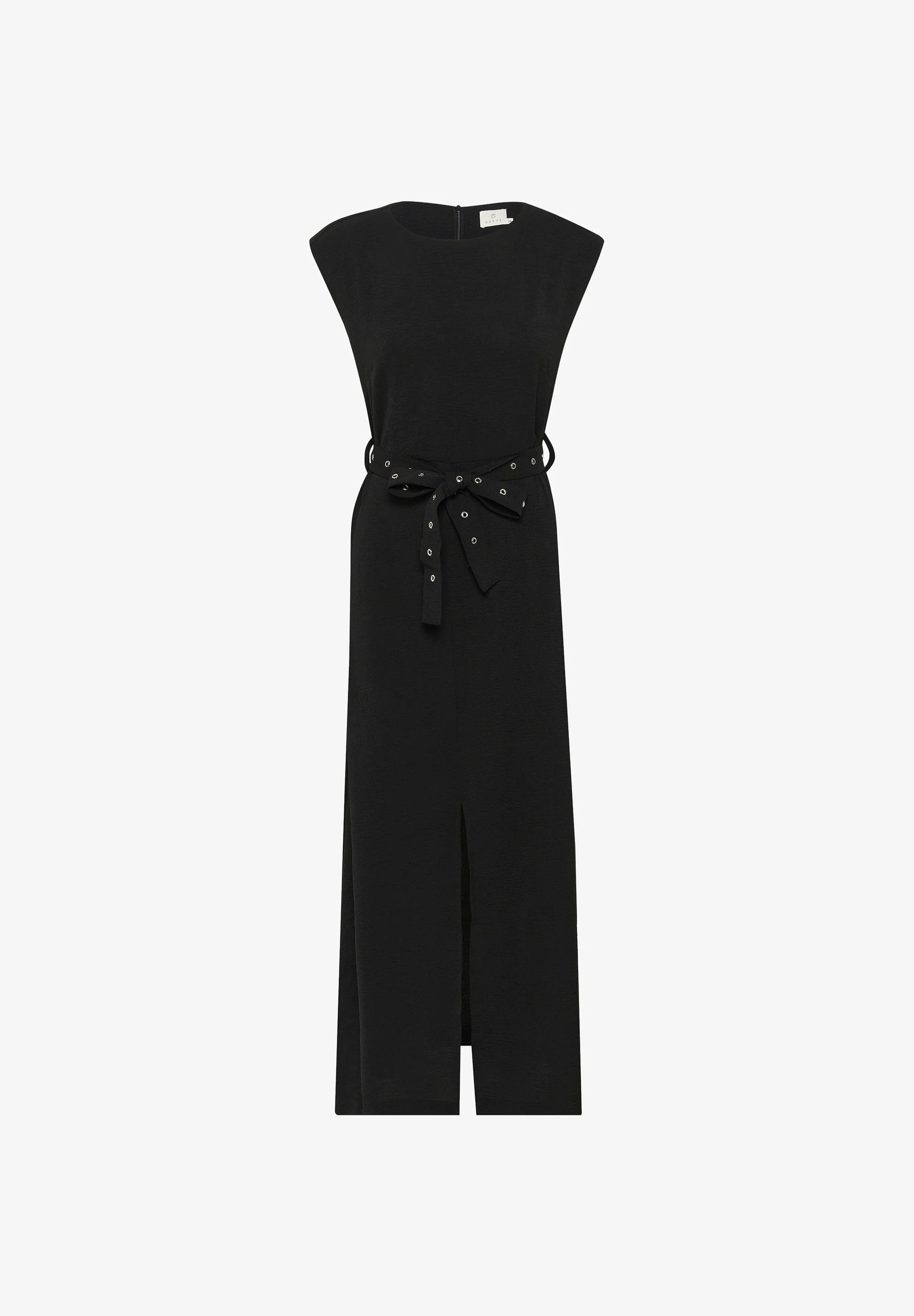 Kaffe KAtessa Black Eyelet Belt Maxi Dress – Structured Shoulders Cap Sleeves Side Slit | Women