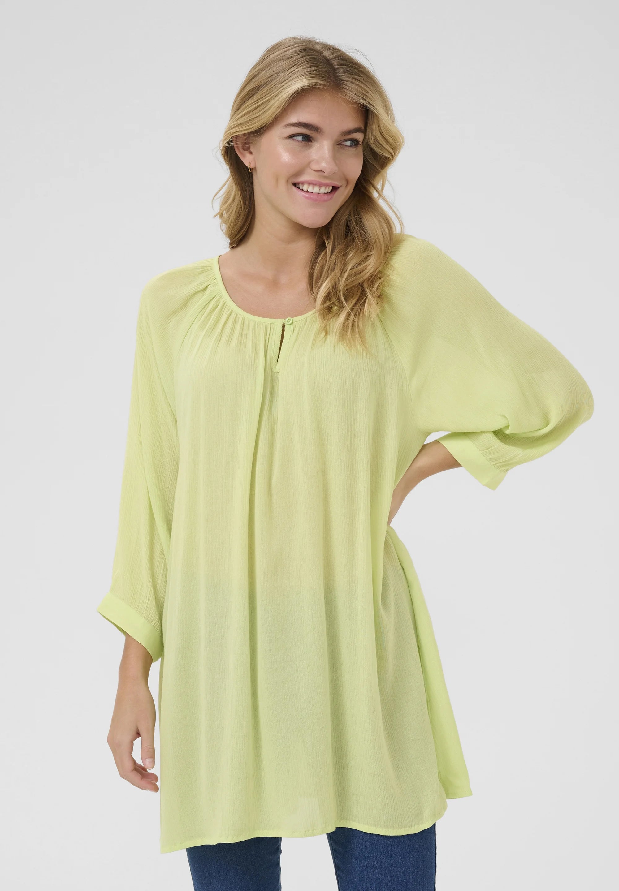 Kaffe KAamber Lettuce Green Oversized Tunic – Gathered Round Neck 3/4 Sleeves Relaxed Fit | Women