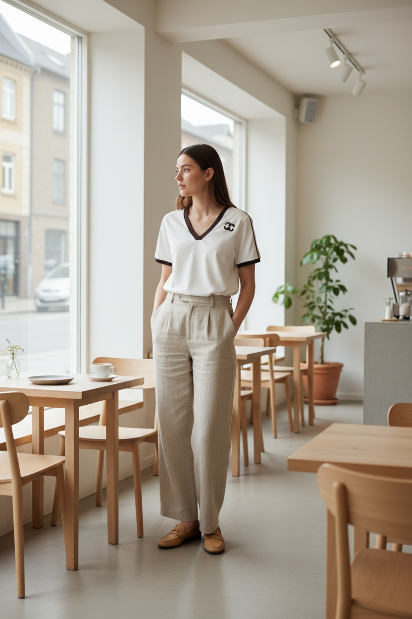 Edge CC T-shirt met V-hals in een café.