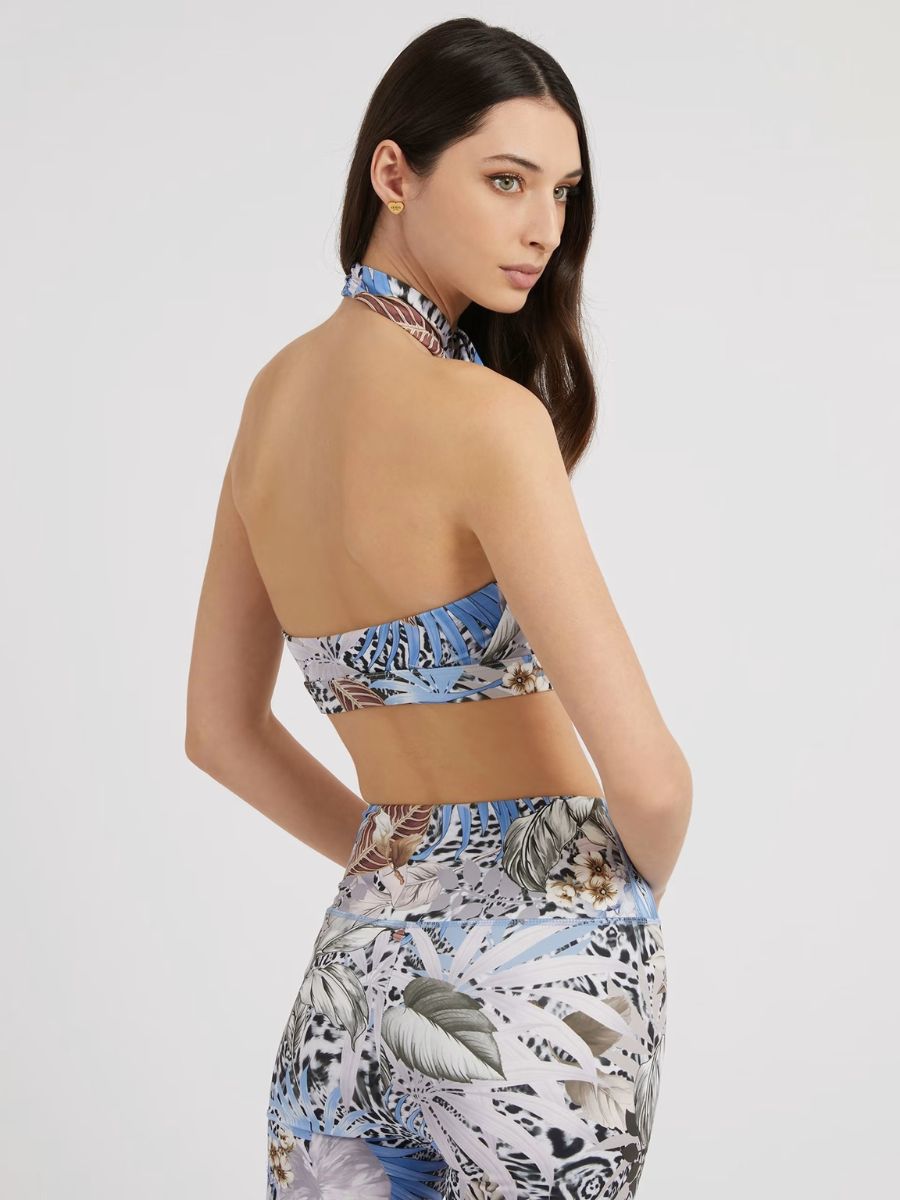 Guess Carlene Active Tropical Print Cross-Neck Bra Top – Blue | Sleeveless
