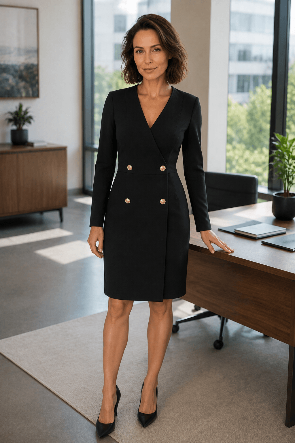 Vrouw in een zwarte Marciano by Guess blazerjurk met dubbele knopenrij op kantoor.