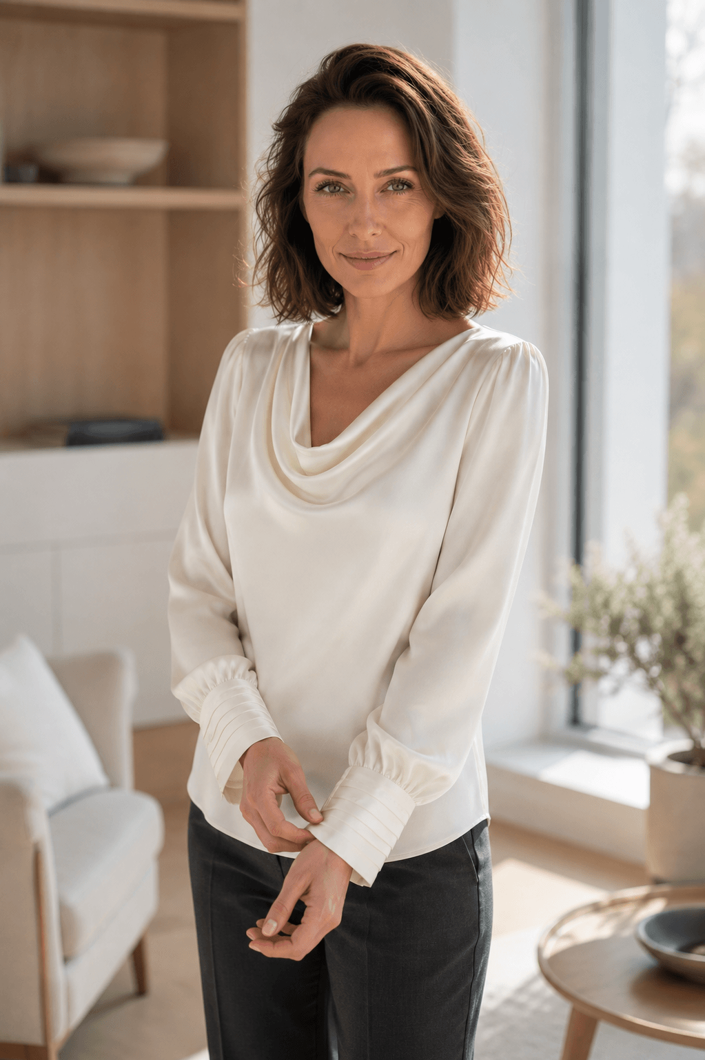 Crèmekleurige satijnen Marciano by Guess blouse met watervalhals.