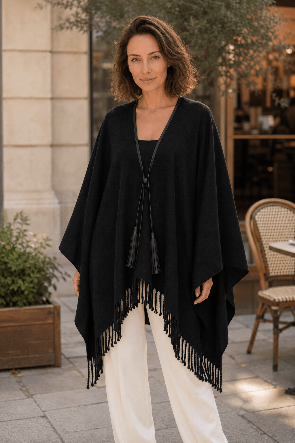 Zwarte Marciano by Guess cape van wolmix met leren kwastsluiting en franjes.