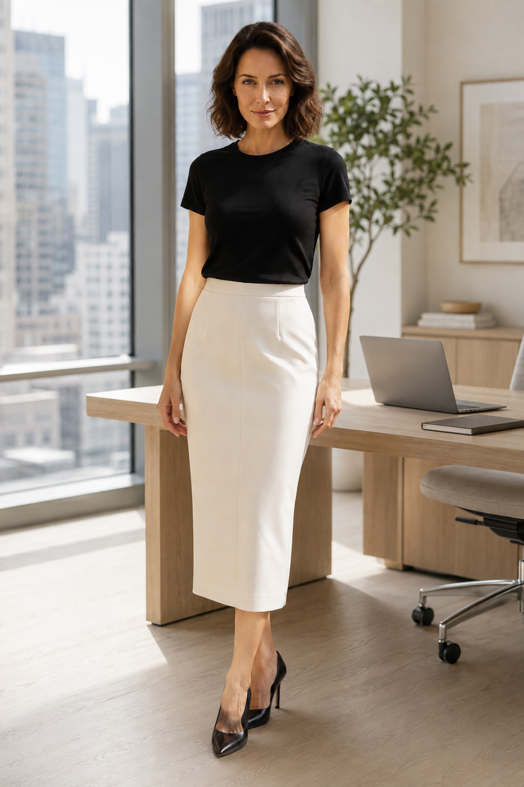Model in een offwhite Marciano by Guess midi-kokerrok met zwarte top in een modern kantoor.