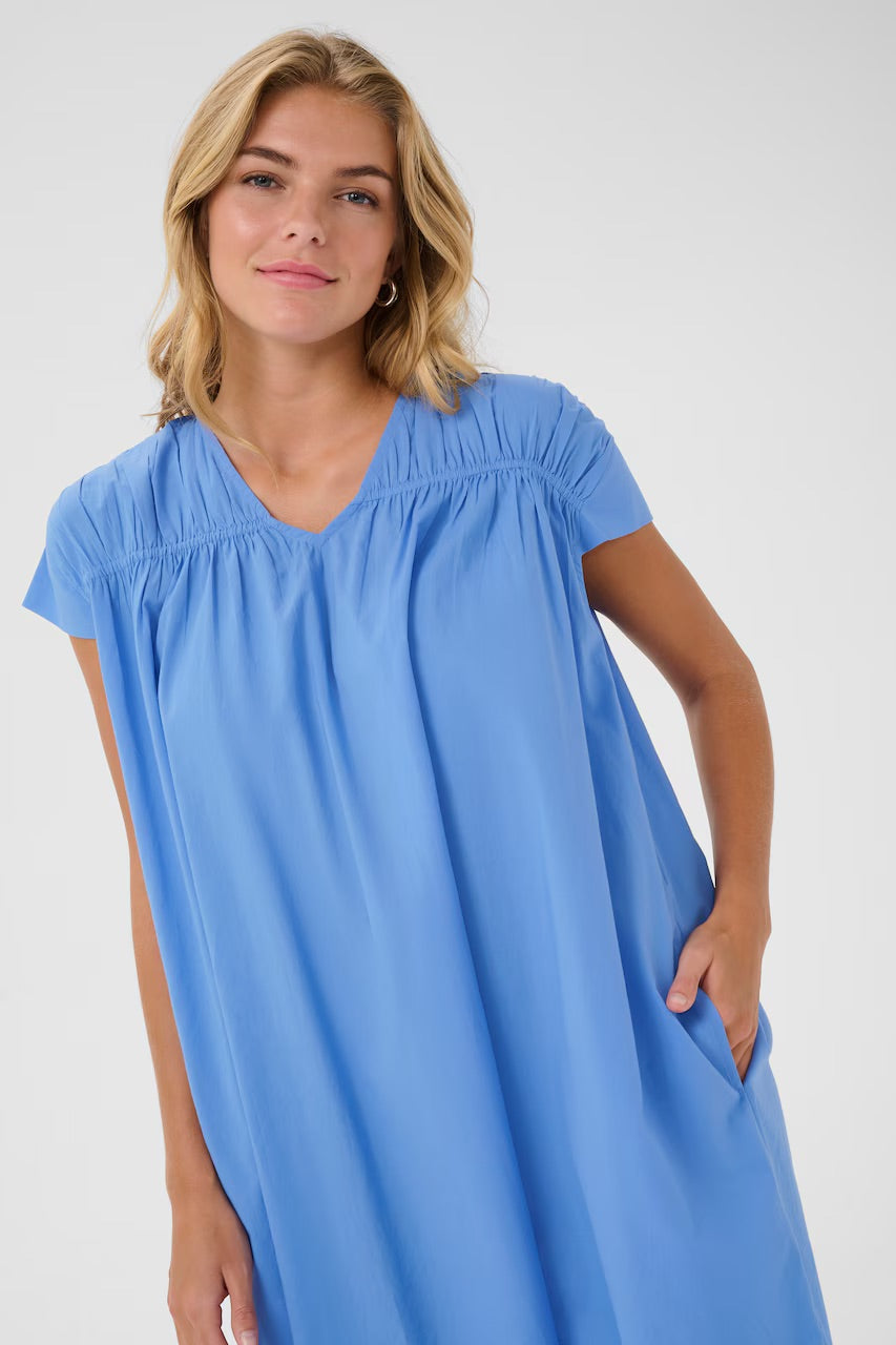 Kaffe KAThua Azure Blue Gathered V-Neck Mini Dress – Relaxed Fit Cap Sleeves Pockets | Women