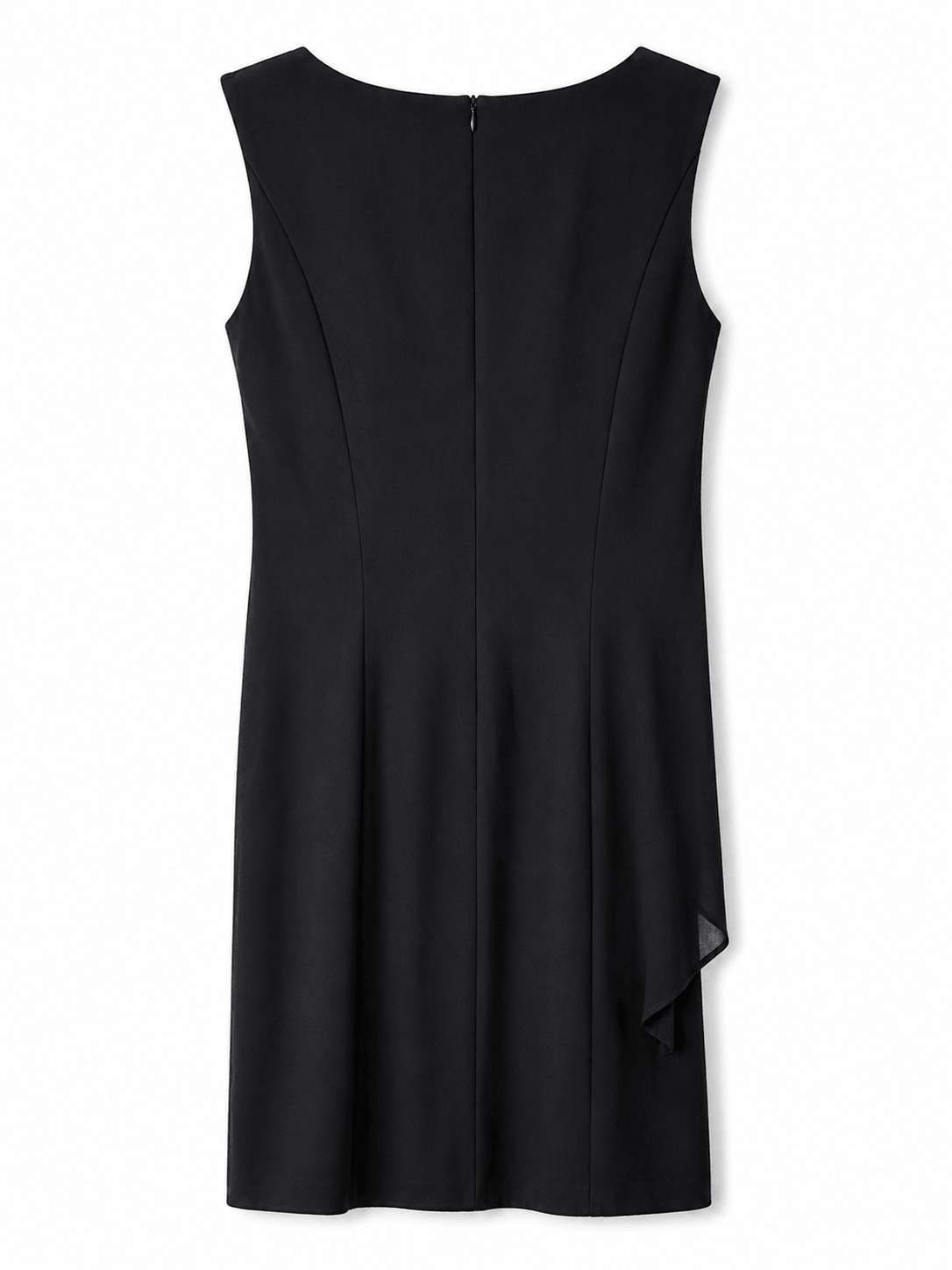 Zwarte Marciano by Guess rechte jurk met asymmetrische volant, achteraanzicht.