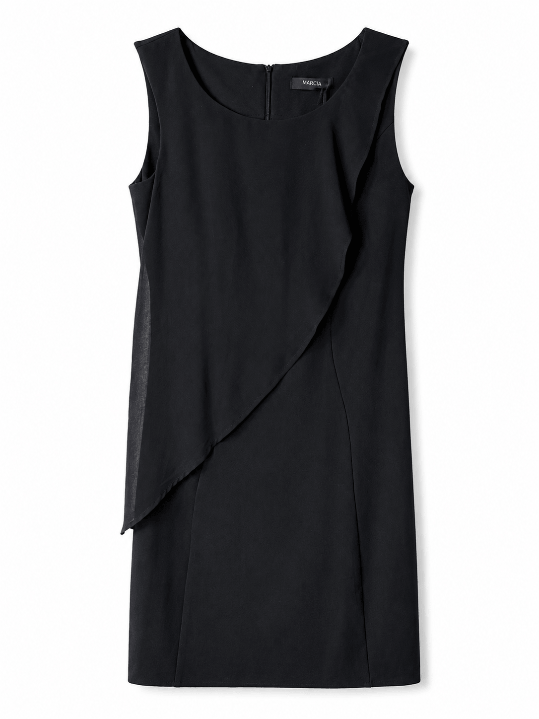 Zwarte mouwloze Marciano by Guess rechte jurk met asymmetrische volant.