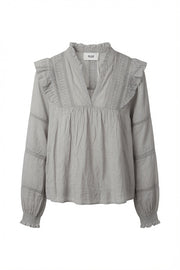 Mood Boho Blouse – Grey | Women's Lace Trim Ruffle Top