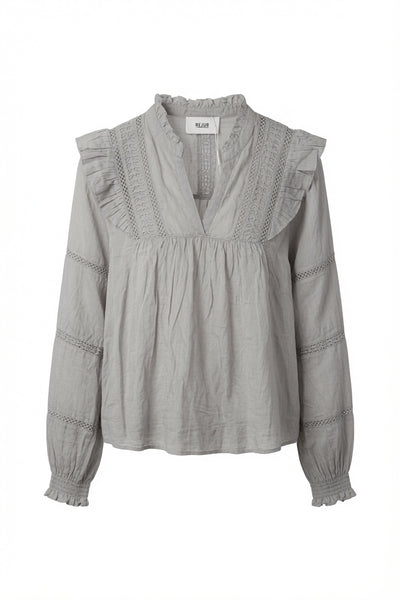 Mood Boho Blouse – Grey | Women's Lace Trim Ruffle Top