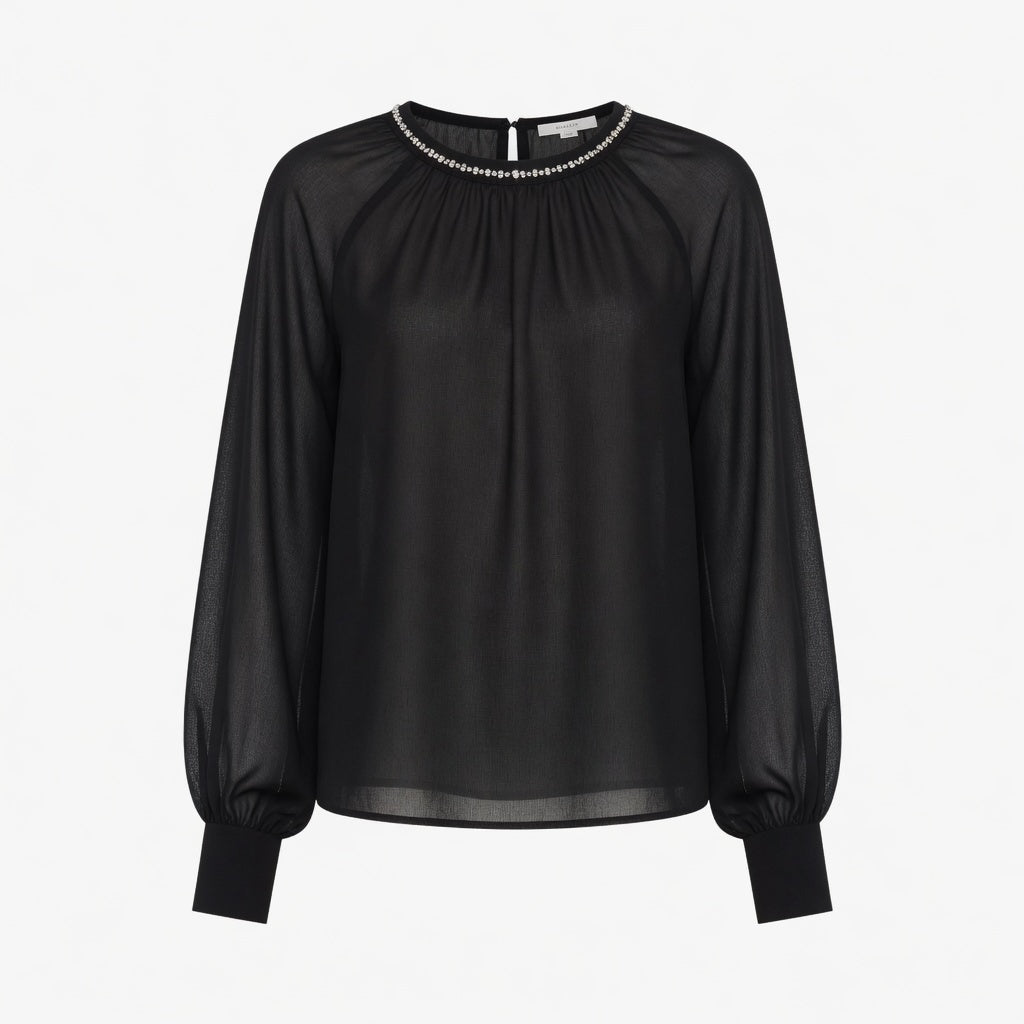 Zero Chiffon Blouse with Crystal Neckline – Black