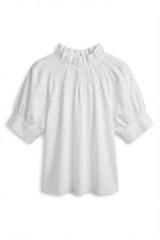 Feminin Flora Blouse – White | Women's Ruffle Neck Puff Sleeve Top