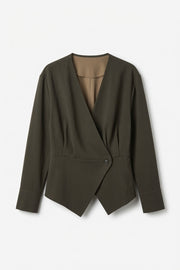 Neo Noir Asymmetric Wrap Blazer – Olive Green | Women's Collarless Jacket