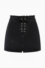 Kaffe Lace-Up Denim Mini Skirt – Black | Women's Paperbag Waist Skirt
