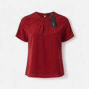 Zero Burgundy Pleated Crew Neck Blouse – Short Sleeve | Women