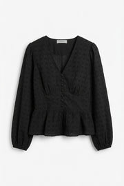 Neo Noir Peplum Blouse – Black | Women's Broderie V-Neck Top