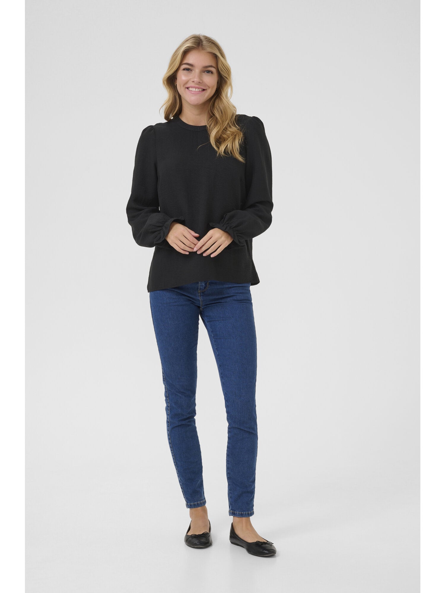 Kaffe KAnita Black Round Neck Puff Shoulder Blouse – Long Balloon Sleeves Ruffle Cuffs Keyhole Back | Women