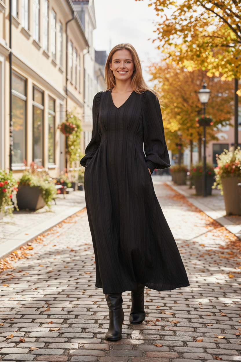 Kesi CC jurk met drapering op straat.
