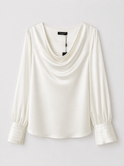Crèmekleurige satijnen Marciano by Guess blouse met watervalhals en volumineuze mouwen.