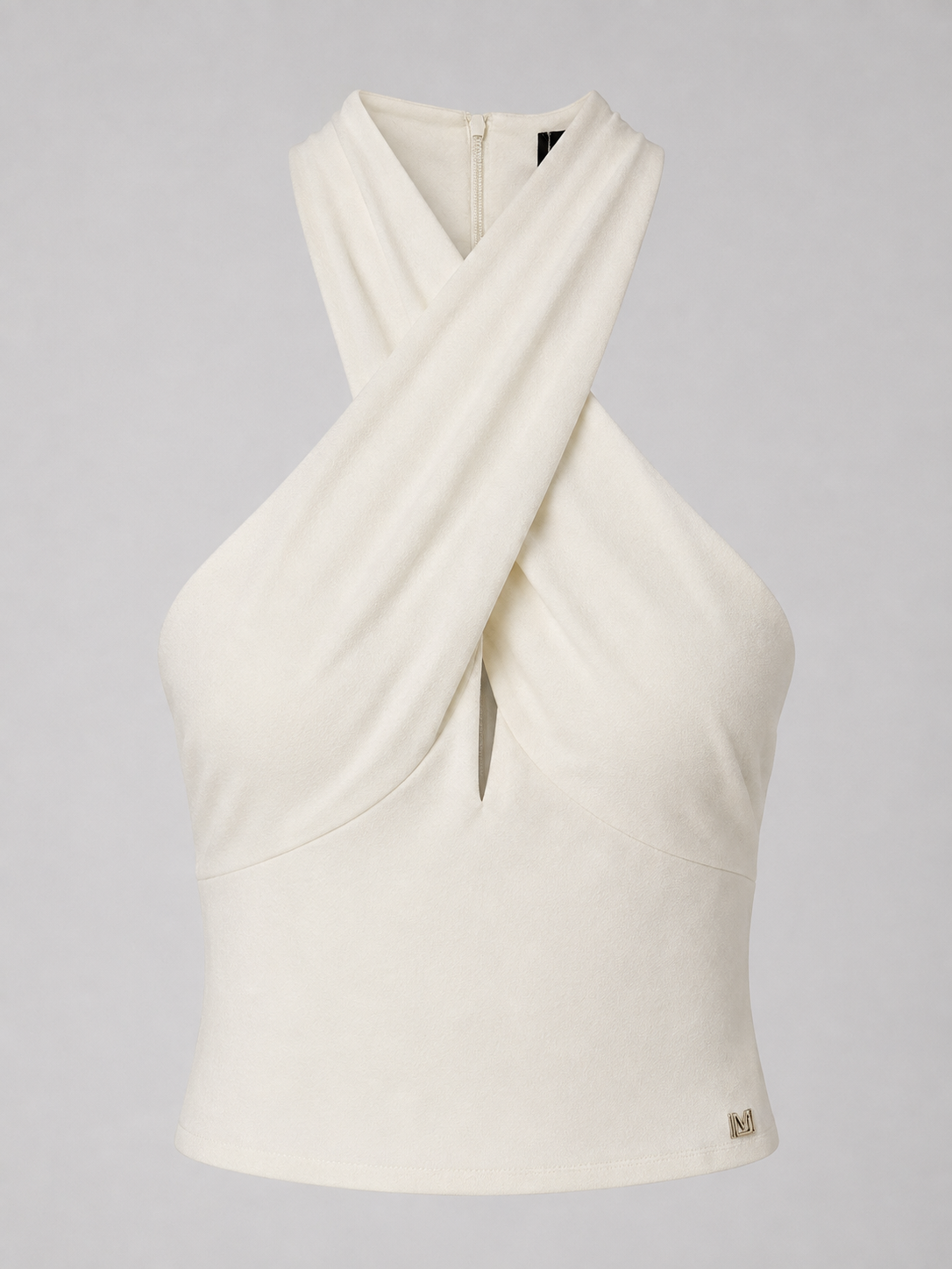 Crèmekleurige Marciano by Guess haltertop met gekruiste halslijn en sleutelgatopening.