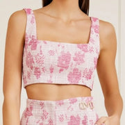 Marciano by Guess Avah Pink Floral Tweed Crop Top – Square Neck | Sleeveless