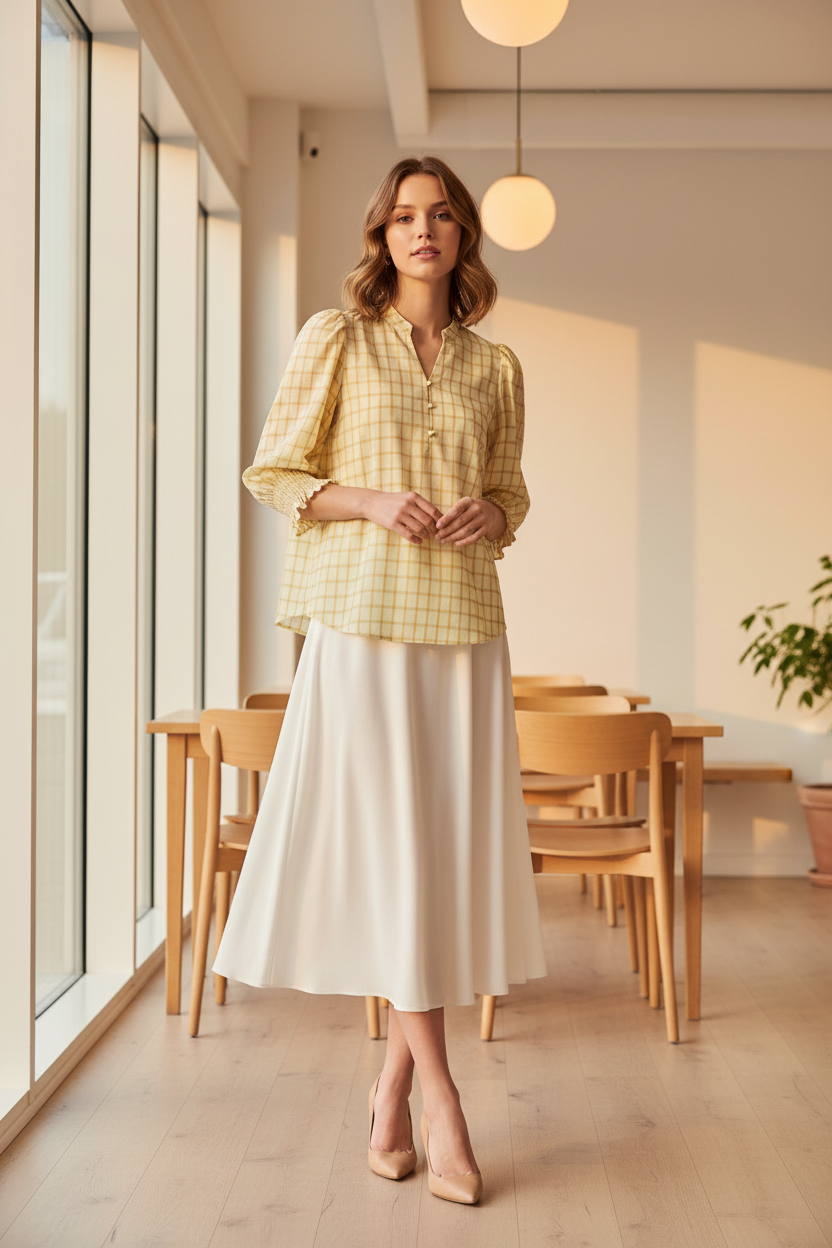 Geruite Mango blouse in een café.