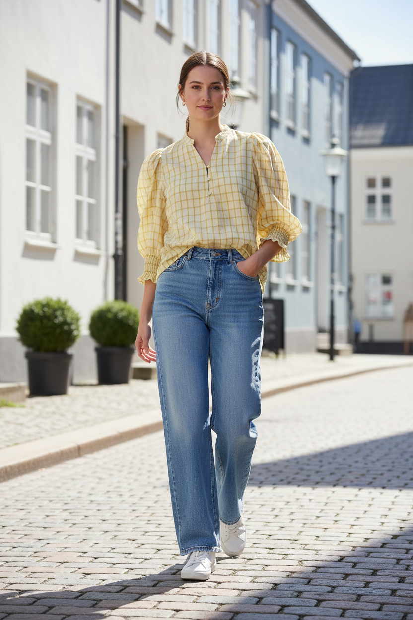 Geruite Mango blouse op straat.