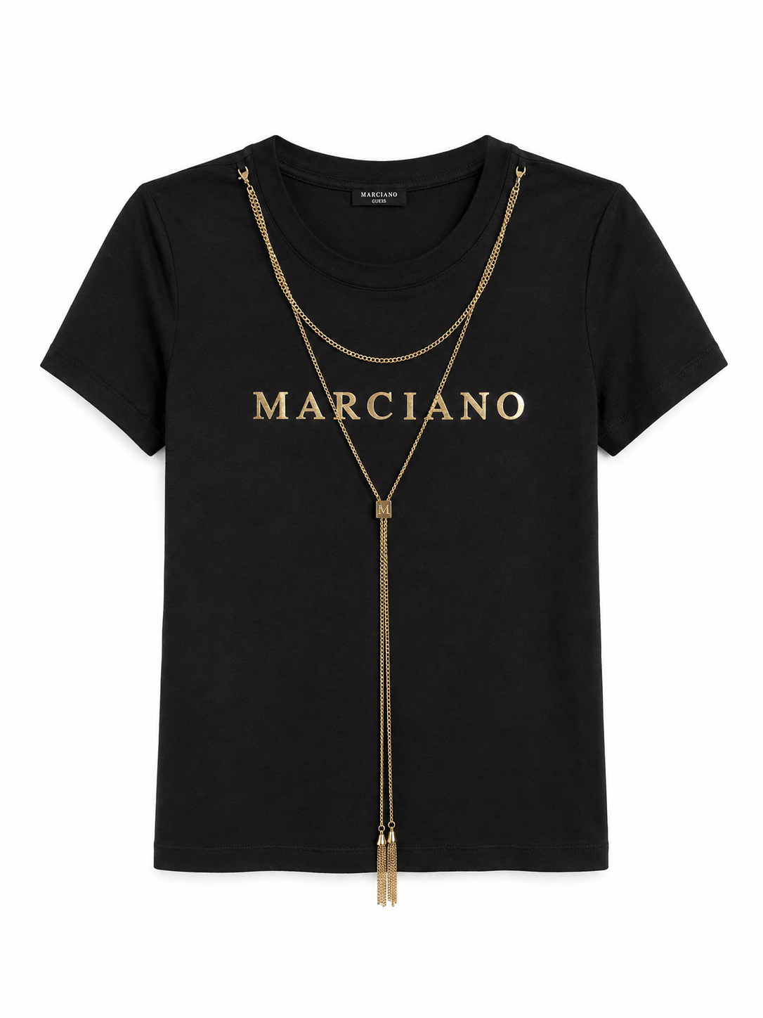 Zwart Marciano by Guess T-shirt met goudkleurig folielogo en ketting.