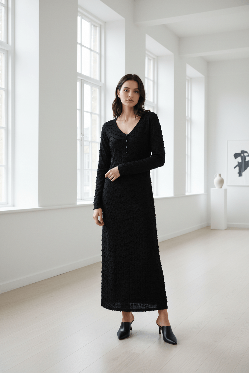 Pompom CC jurk in een galerie.