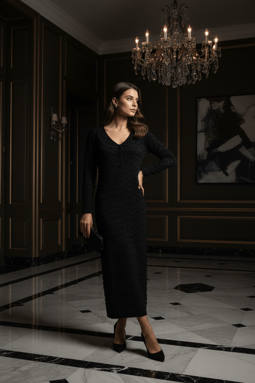 Pompom CC jurk in een luxe sfeerfoto.