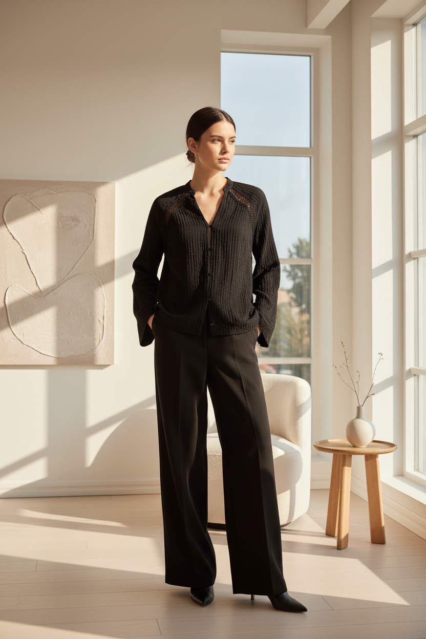 Kanten Shina CC shirt met V-hals in een interieur.